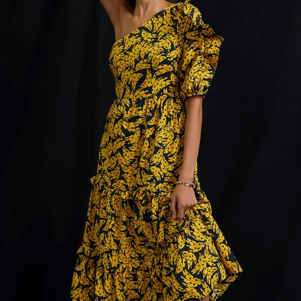 NWT FARM Rio Banana One-Shoulder Midi Dress Anthropologie XS